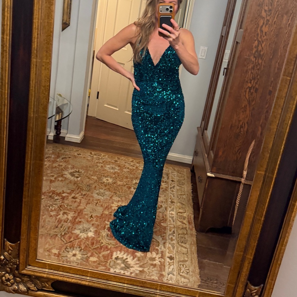 Baltic Born Teal Sequin V-Neck Mermaid Gown - Picture 1 of 12